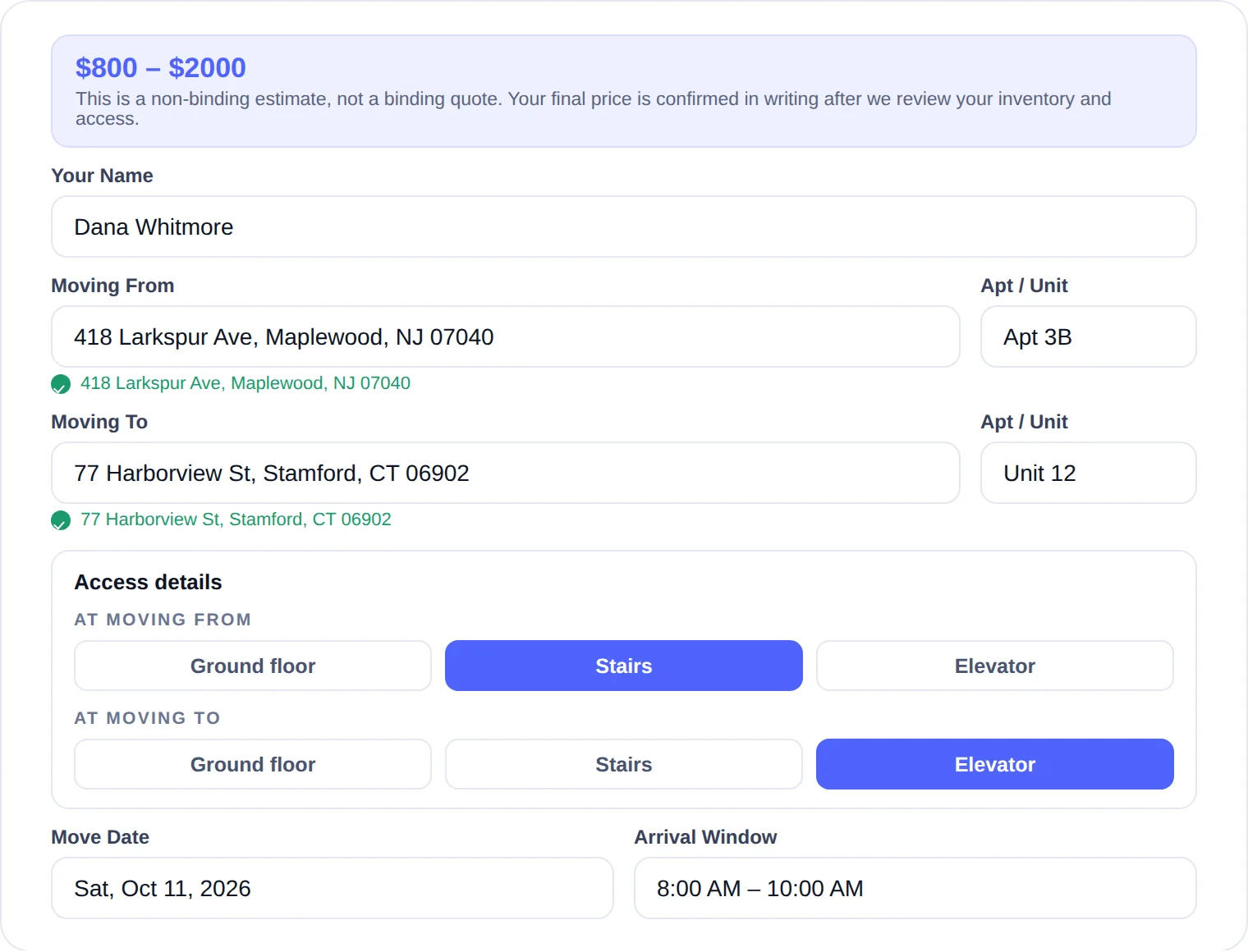 Booking form filled in with pickup and destination addresses, stairs at pickup, elevator at drop-off, and a Saturday October 11 move date.