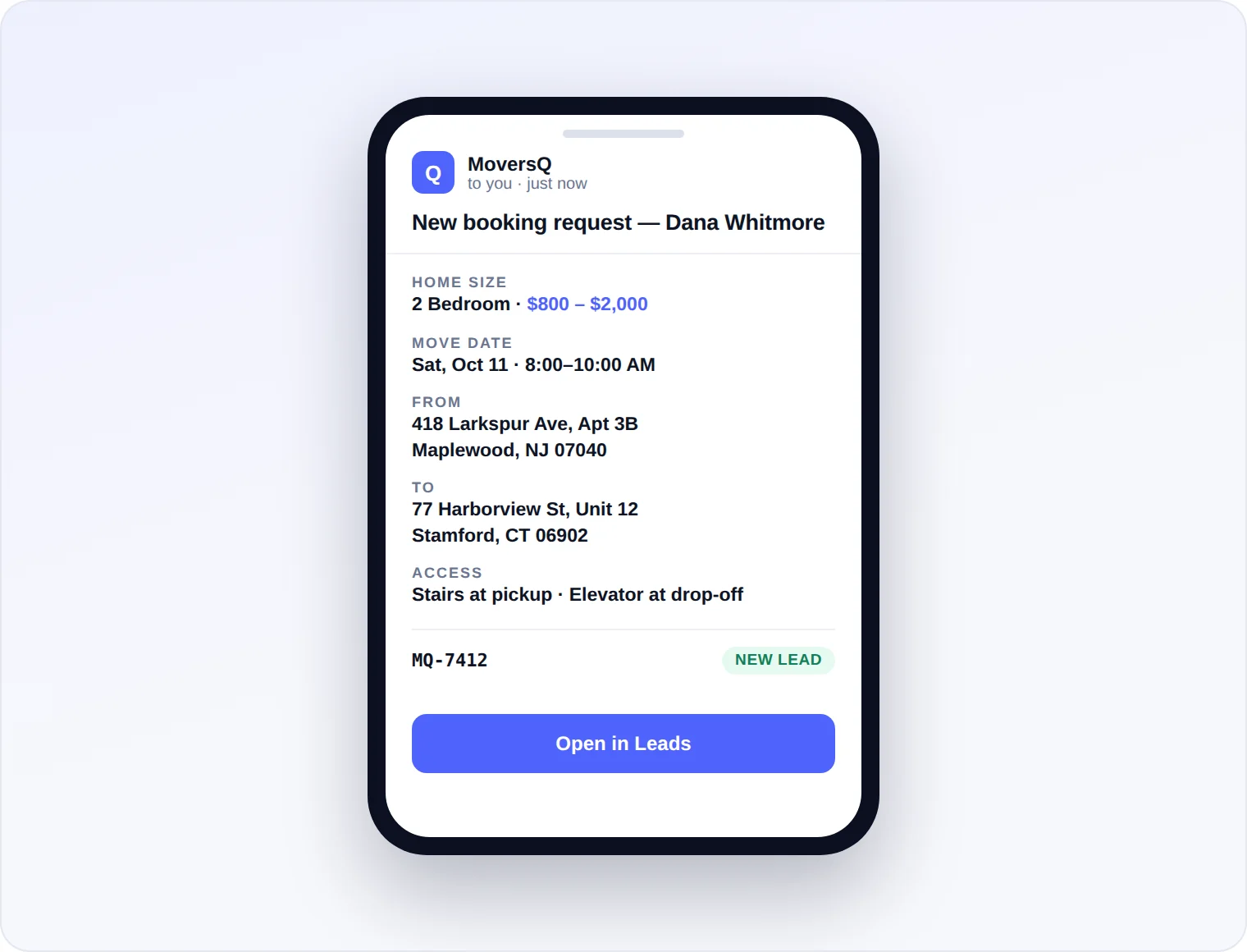 New booking request email on a phone showing the customer, price range, move date, both addresses and access notes.